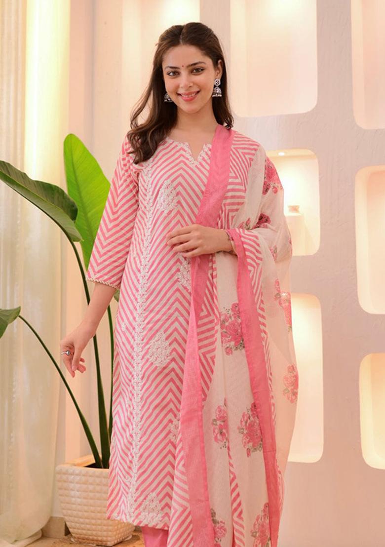 Pink Printed Cotton Kurta Set - Indya
