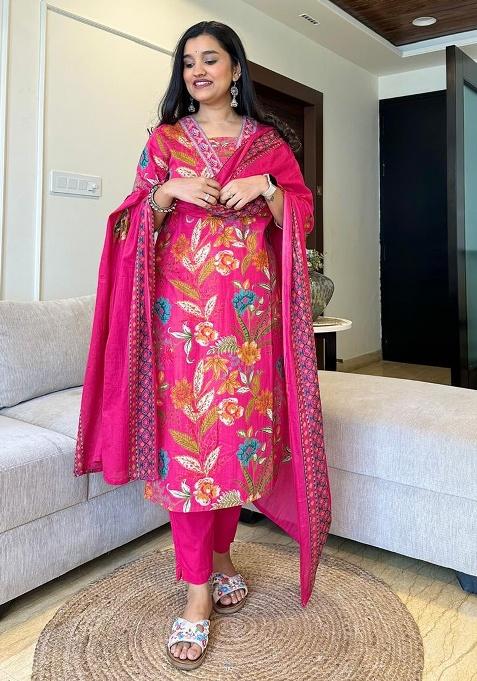 Pink Printed Cotton Kurta Set