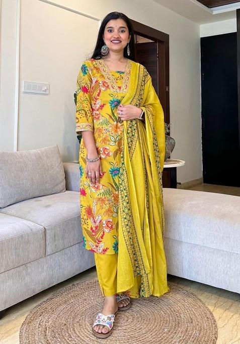 Yellow Printed Cotton Kurta Set