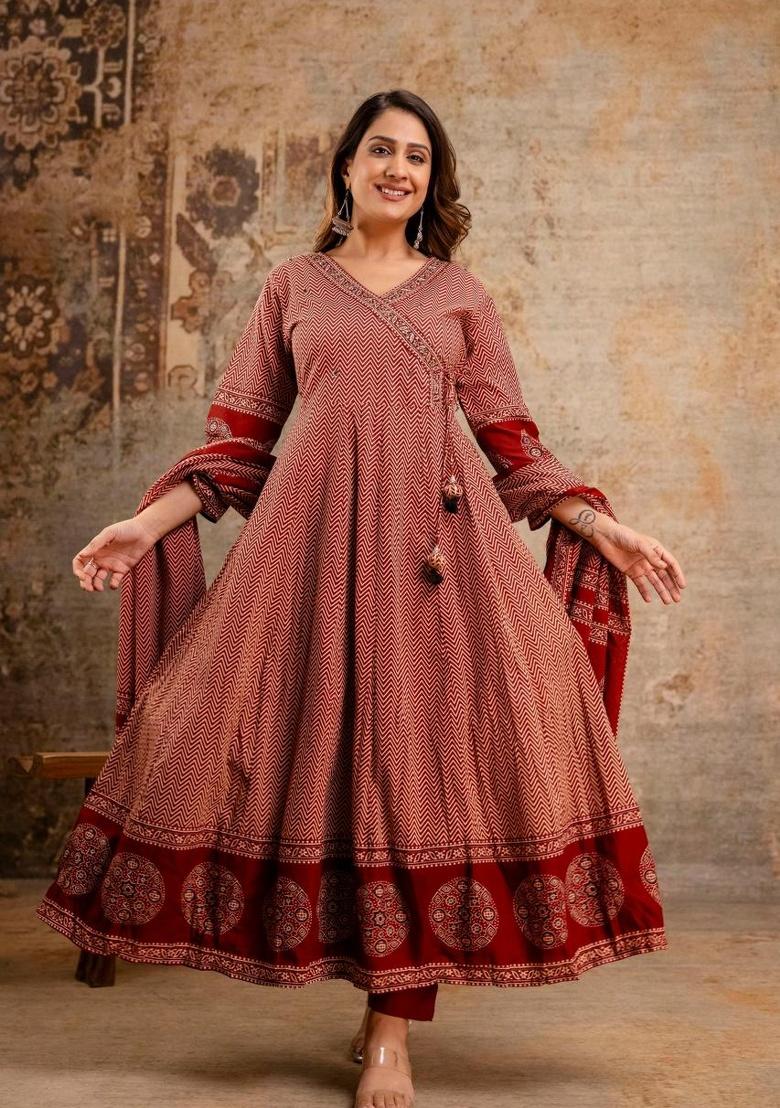Maroon Printed Cotton Kurta Set - Indya
