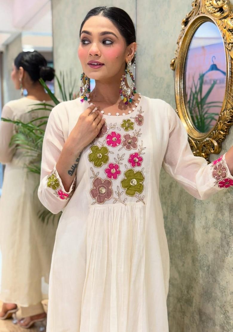 White Printed Cotton Kurta Set - Indya