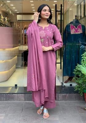 Lilac Printed Cotton Kurta Set