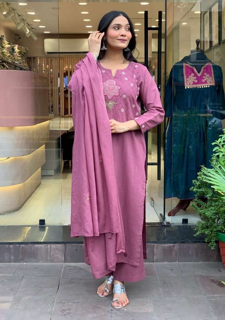 Lilac Embroidered Cotton Straight Kurta Set - Indya