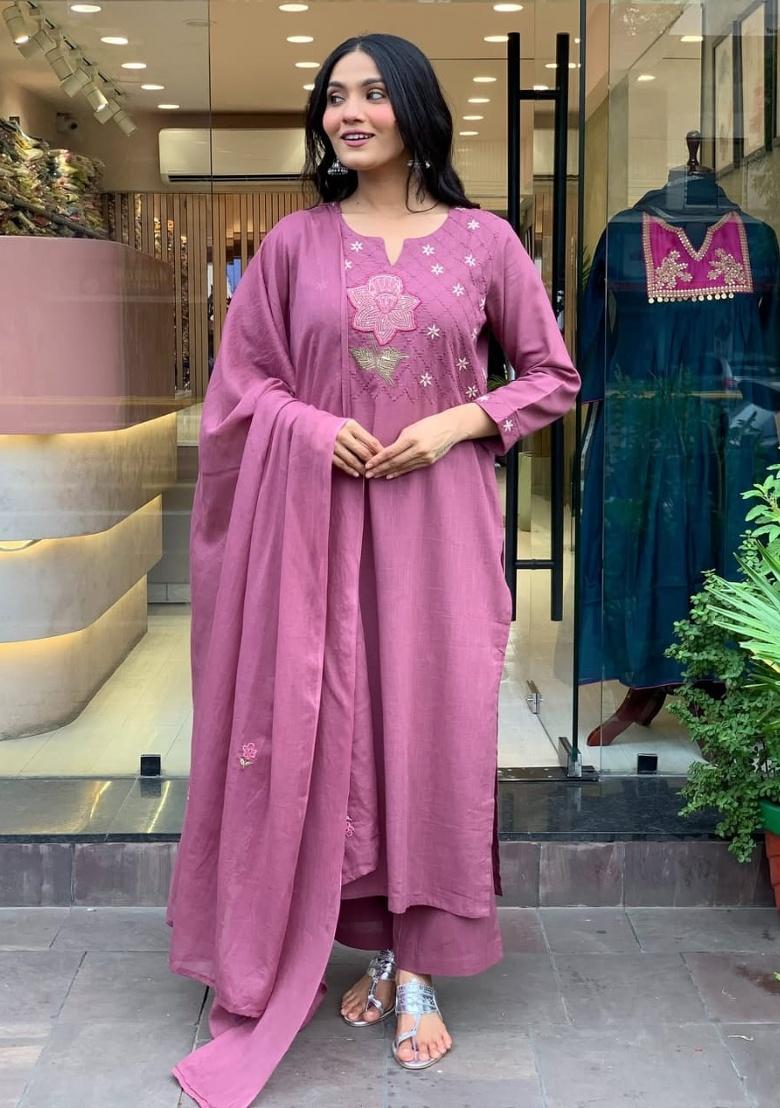 Lilac Printed Cotton Kurta Set - Indya