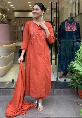 Rust Printed Cotton Kurta Set