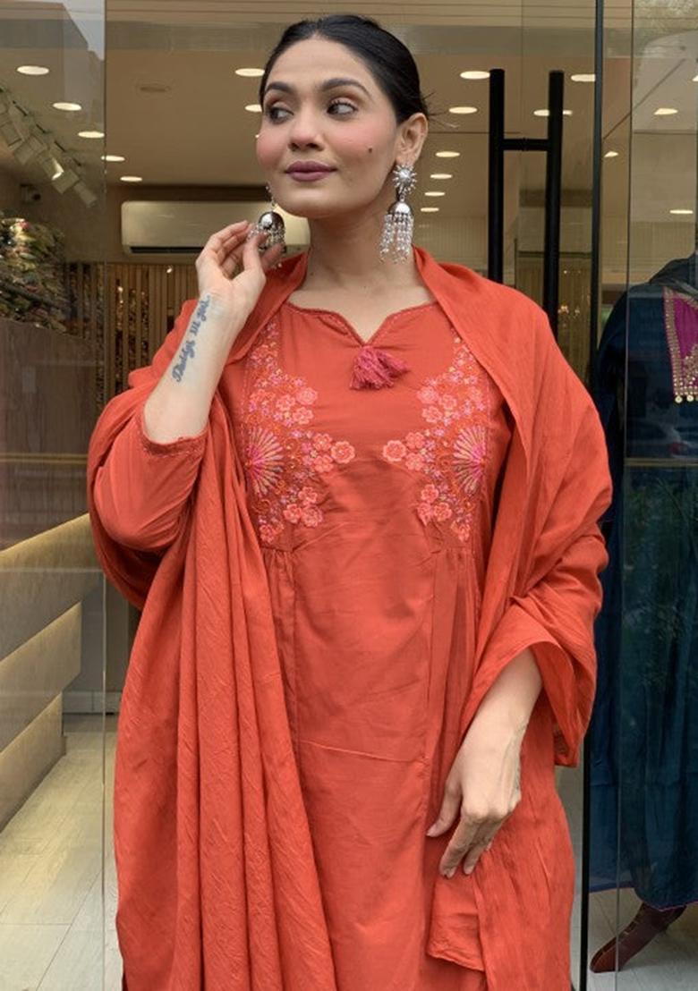 Rust Printed Cotton Kurta Set - Indya