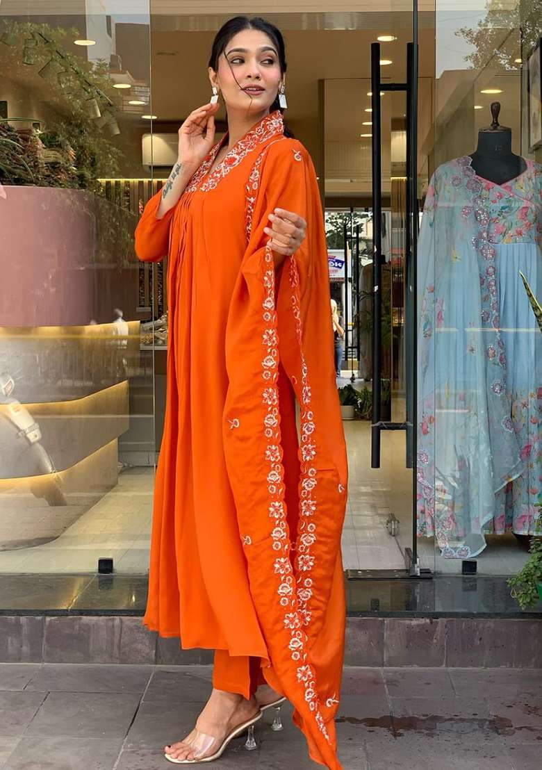 Orange Embroidered Cotton Pakistani Suit Set - Indya