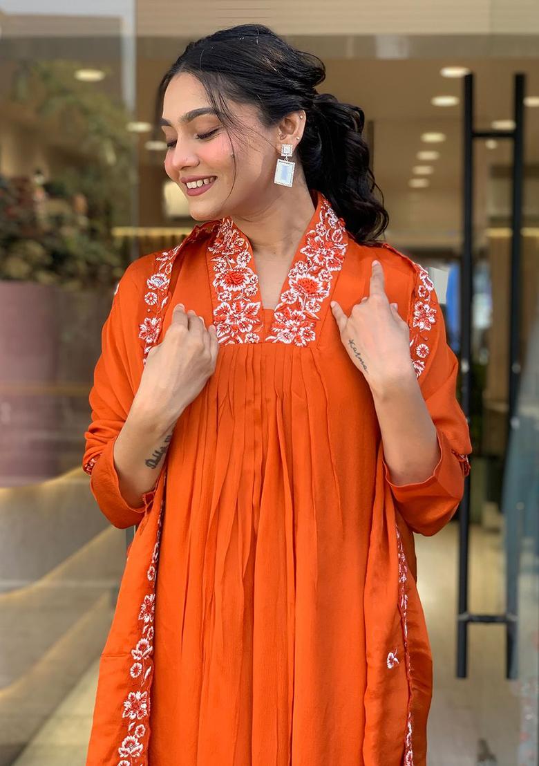 Orange Printed Cotton Kurta Set - Indya