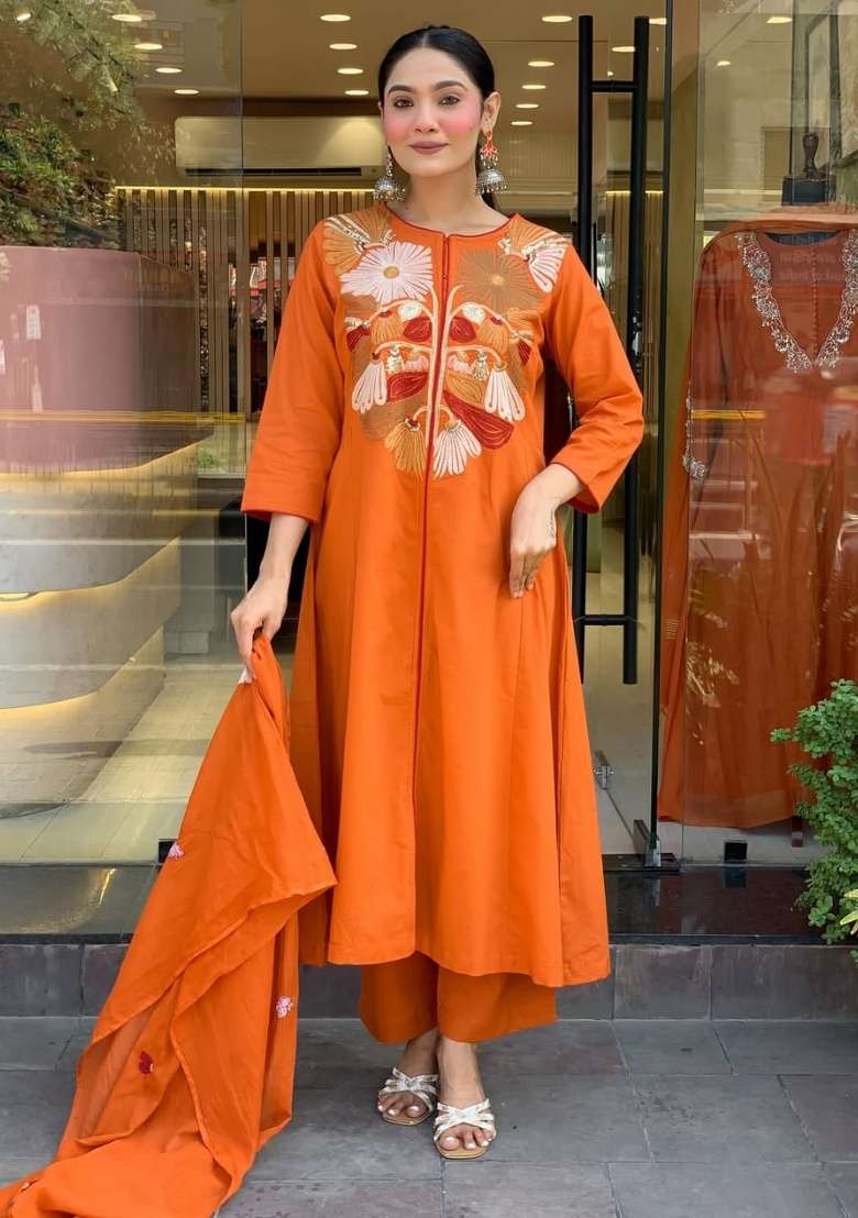 Orange Embroidered Cotton A Line Kurta Set - Indya