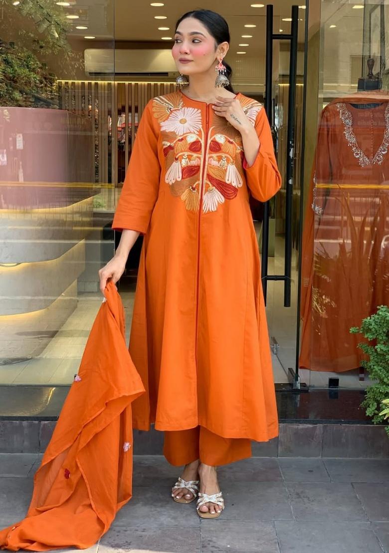 Orange Printed Cotton Kurta Set - Indya