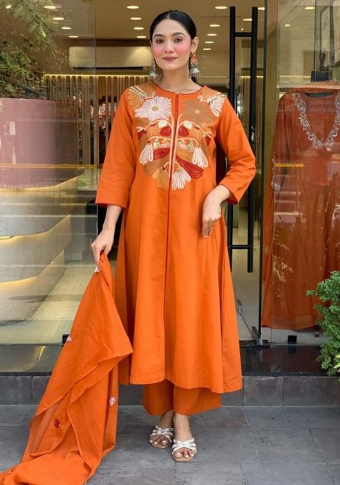 Orange Printed Cotton Kurta Set