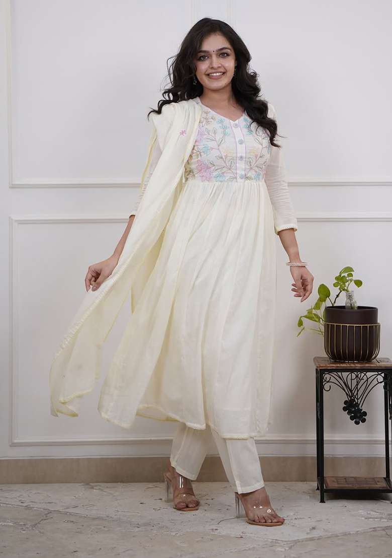 White Embroidered Cotton Anarkali Set - Indya