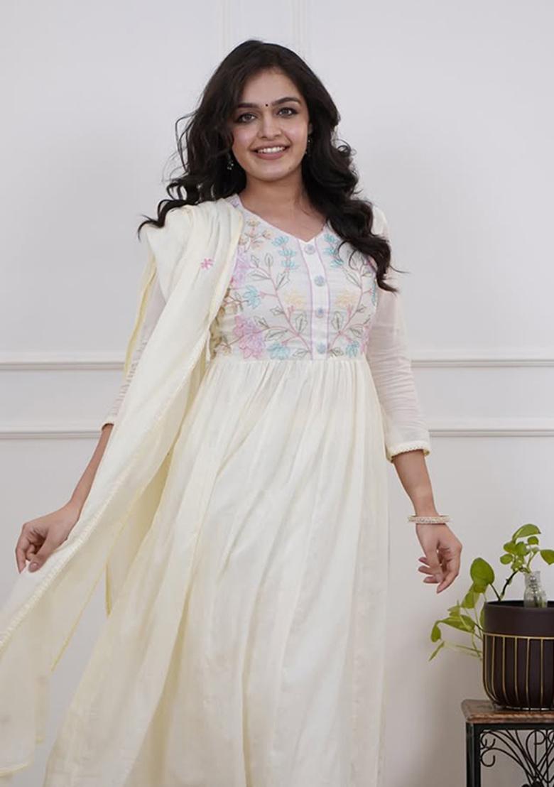 White Printed Cotton Kurta Set - Indya