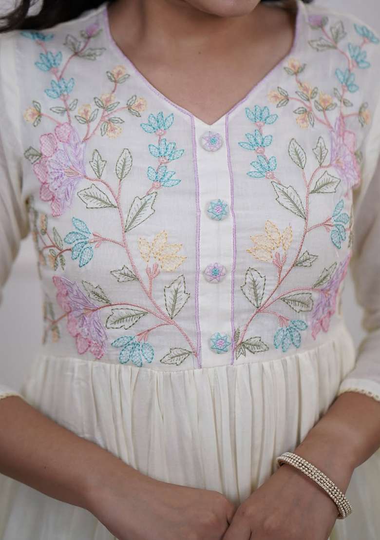 White Embroidered Cotton Anarkali Set - Indya
