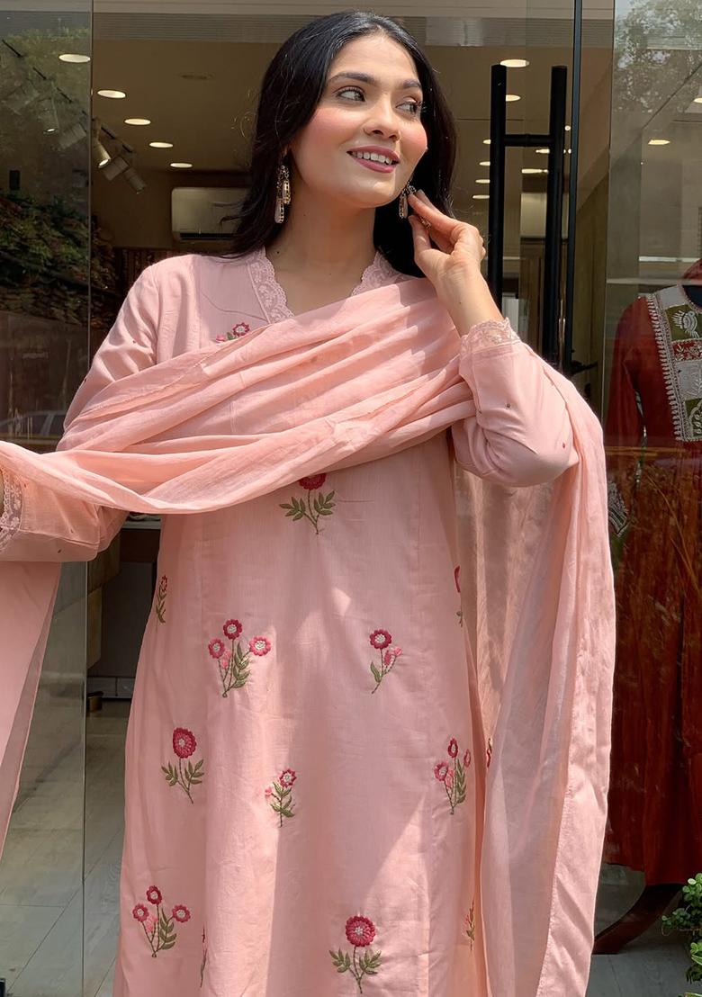Pink Printed Cotton Kurta Set - Indya