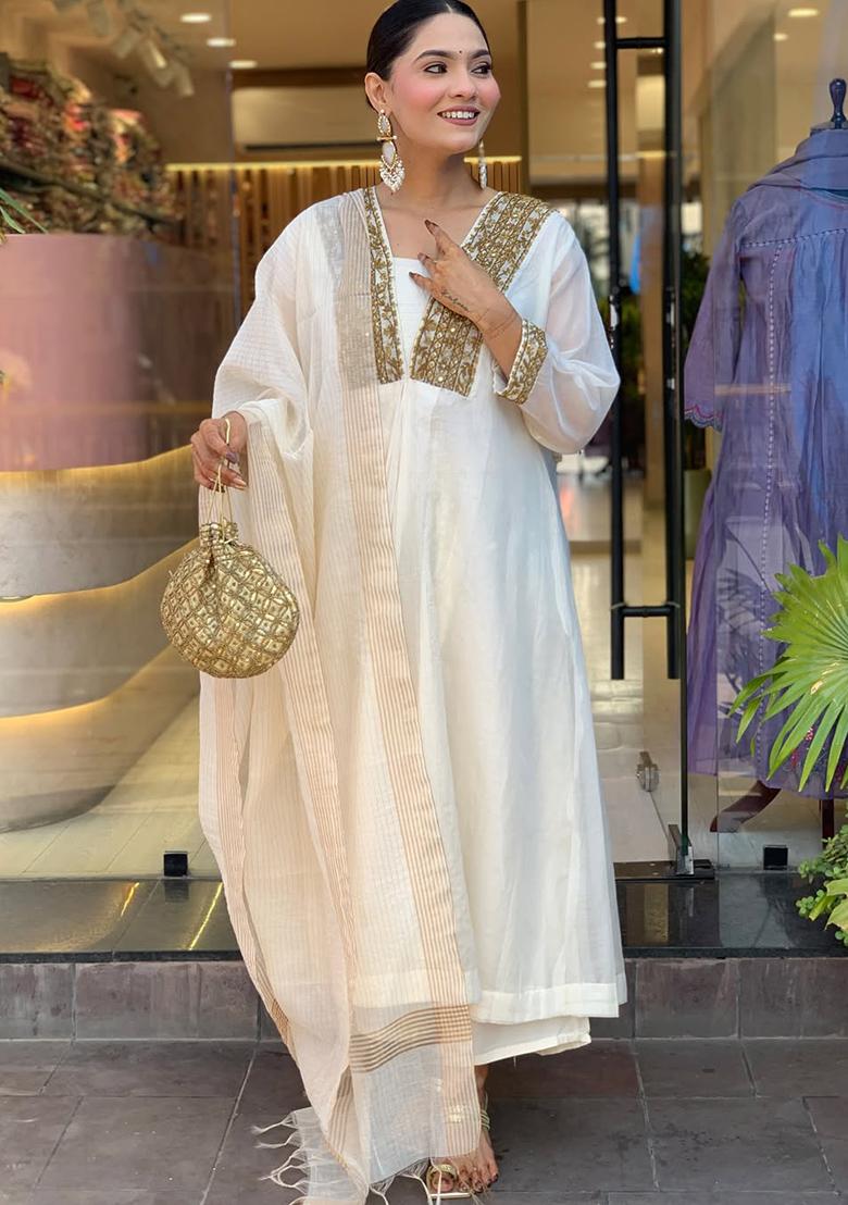 White Printed Cotton Kurta Set - Indya