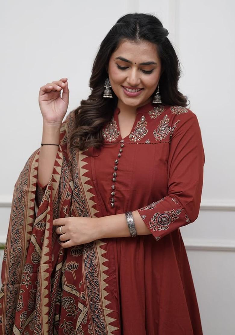 Red Printed Cotton Kurta Set - Indya