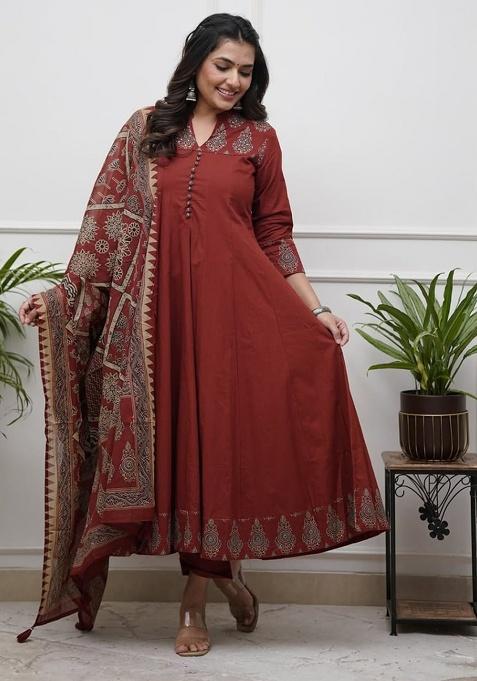 Red Printed Cotton Kurta Set