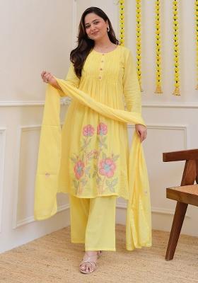 Yellow Printed Cotton Kurta Set