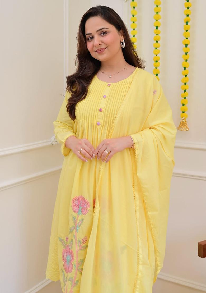 Yellow Printed Cotton Kurta Set - Indya