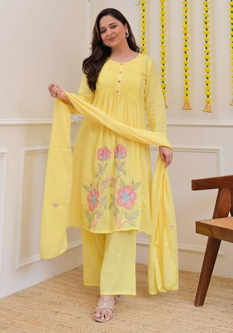 Yellow Printed Cotton Kurta Set