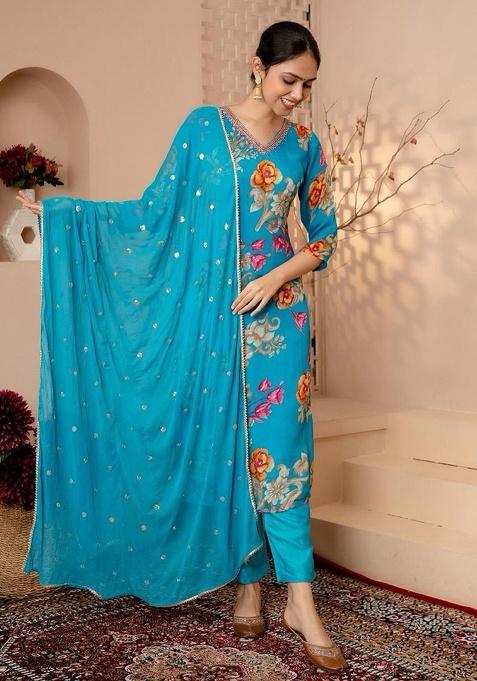 Blue Printed Cotton Kurta Set