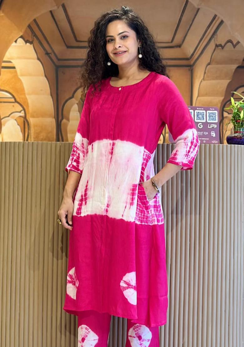 Pink Printed Cotton Kurta Set - Indya