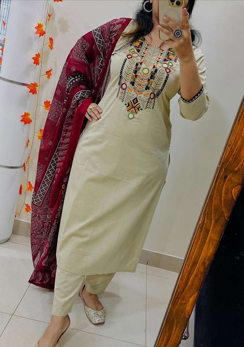 Yellow Embroidered Cotton Straight Kurta Set - Indya