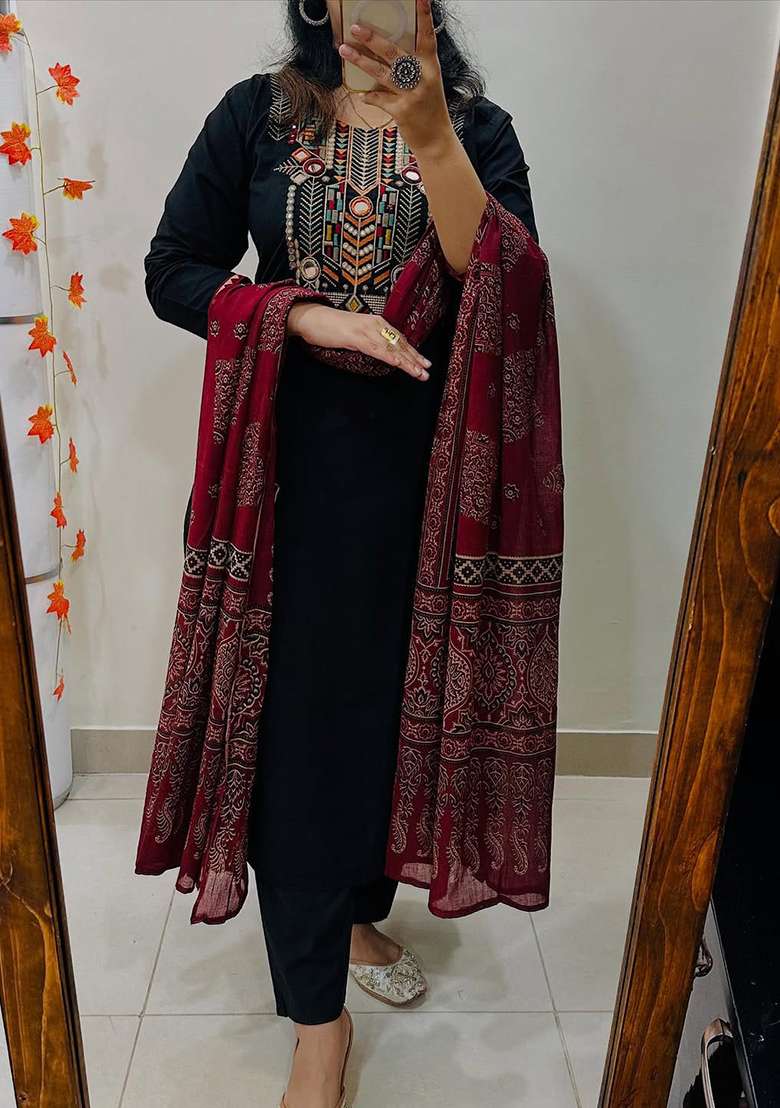 Yellow Embroidered Cotton Straight Kurta Set - Indya