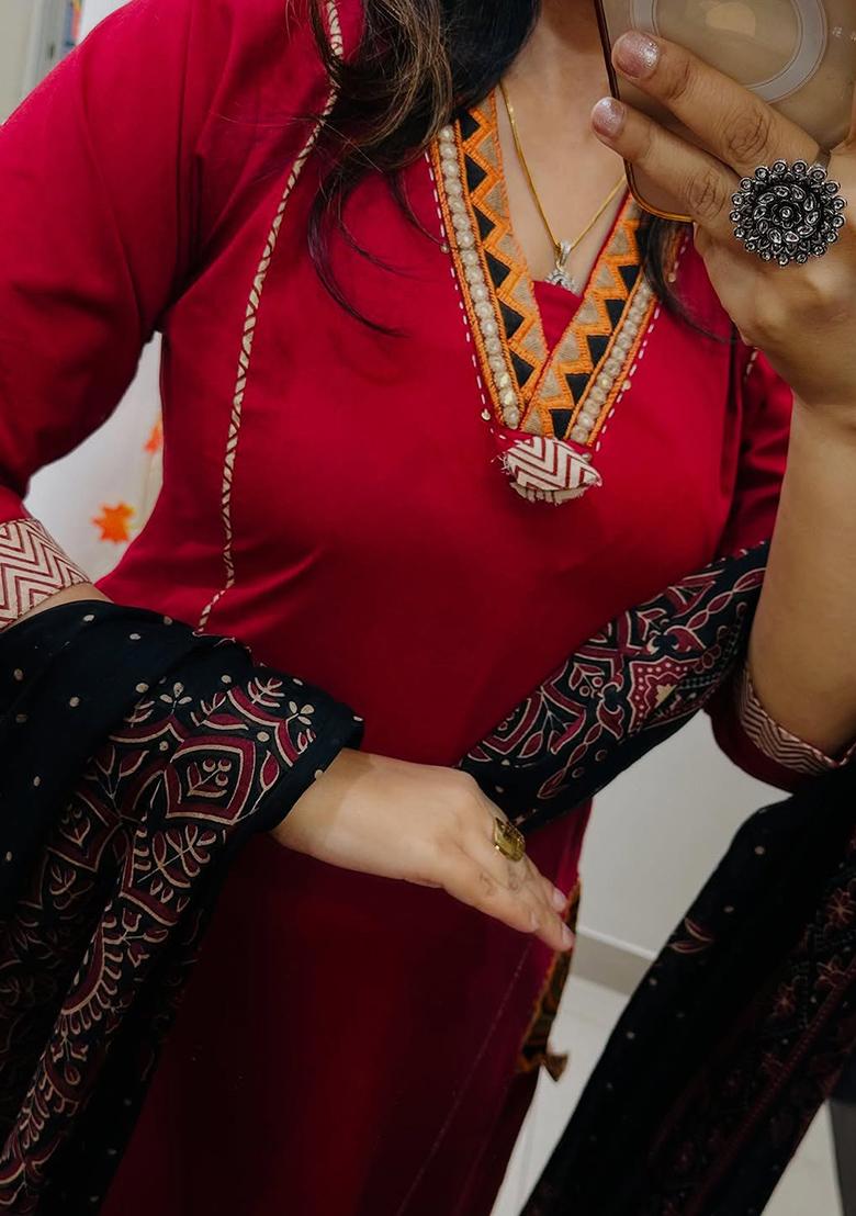 Red Printed Cotton Kurta Set - Indya