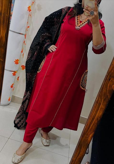 Red Printed Cotton Kurta Set