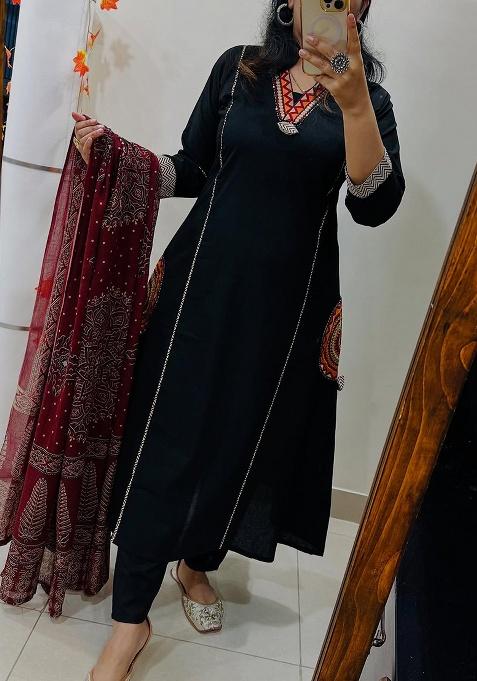 Red Printed Cotton Kurta Set