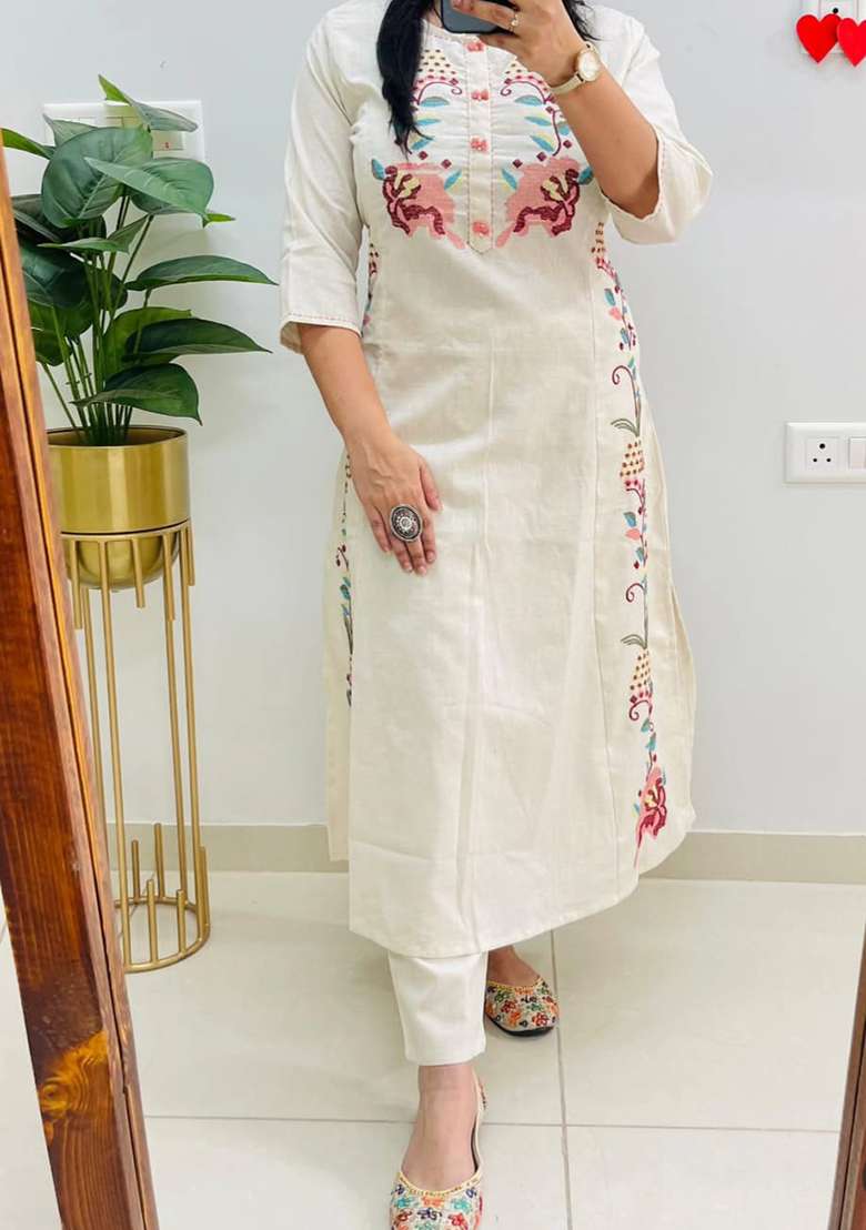 Yellow Embroidered Cotton A Line Kurta Set - Indya