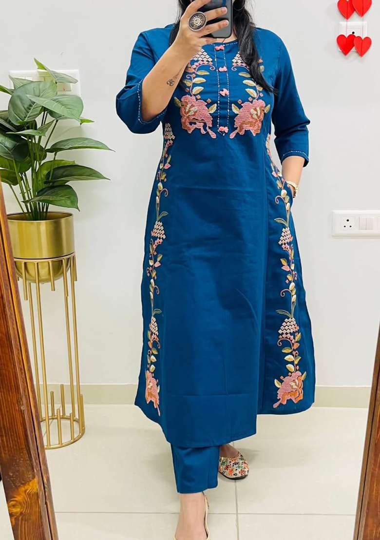 Yellow Embroidered Cotton A Line Kurta Set - Indya