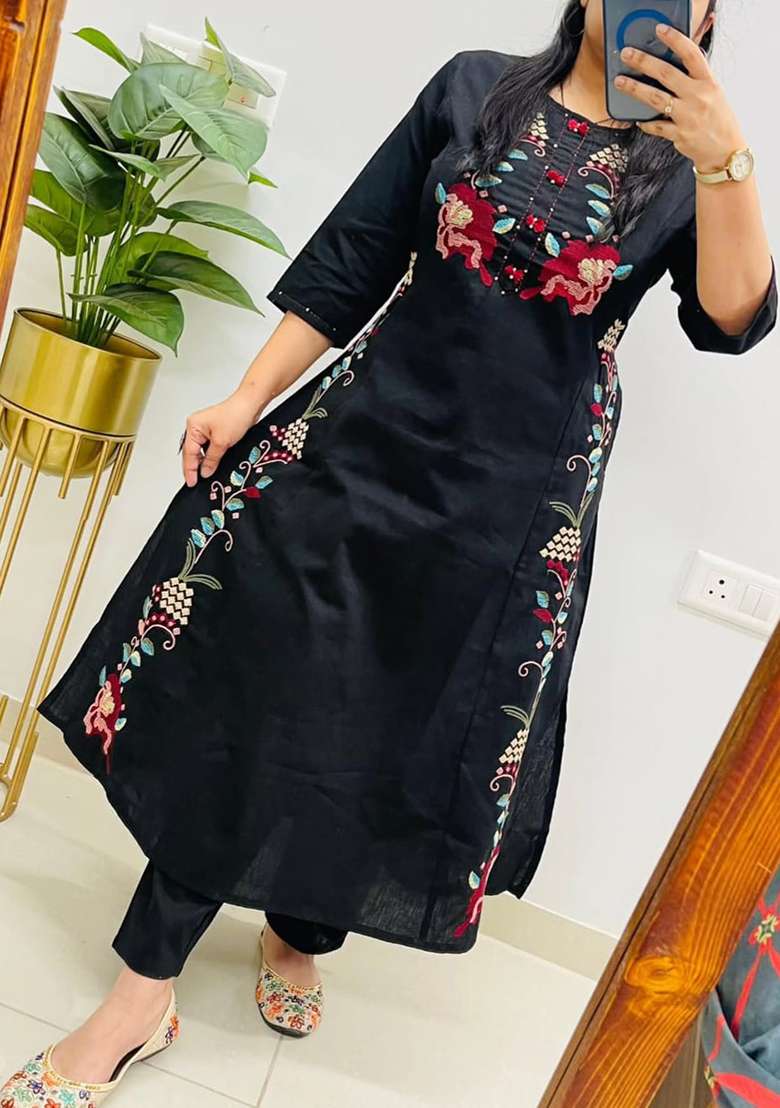 Yellow Embroidered Cotton A Line Kurta Set - Indya