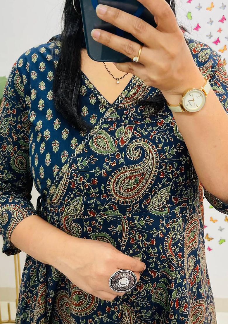 Blue Printed Cotton Kurta Set - Indya