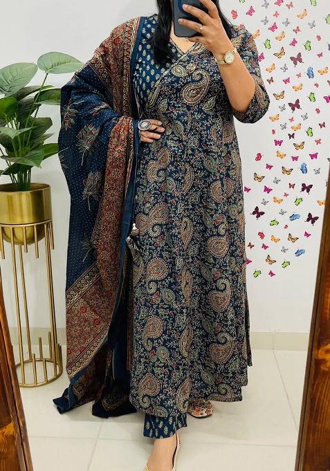 Blue Printed Cotton Kurta Set