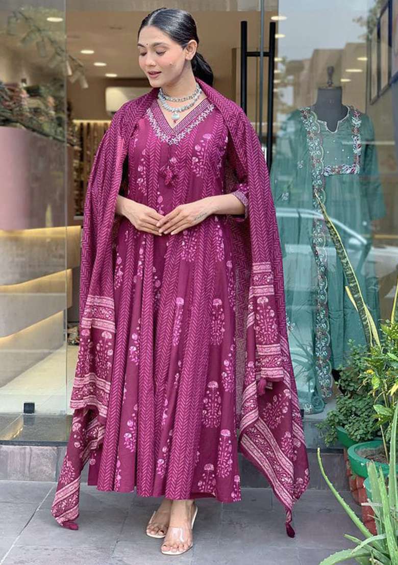 Purple Printed Cotton Anarkali Set - Indya