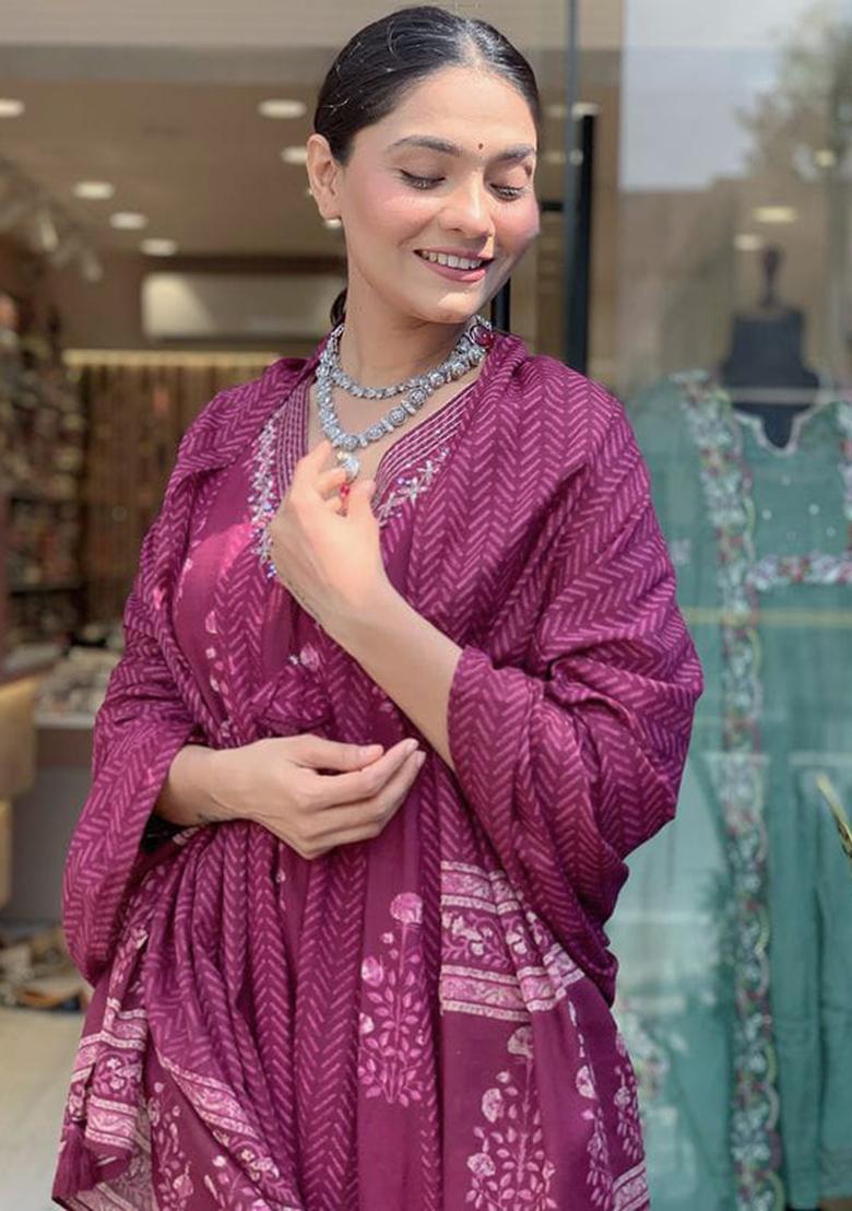 Purple Printed Cotton Kurta Set - Indya