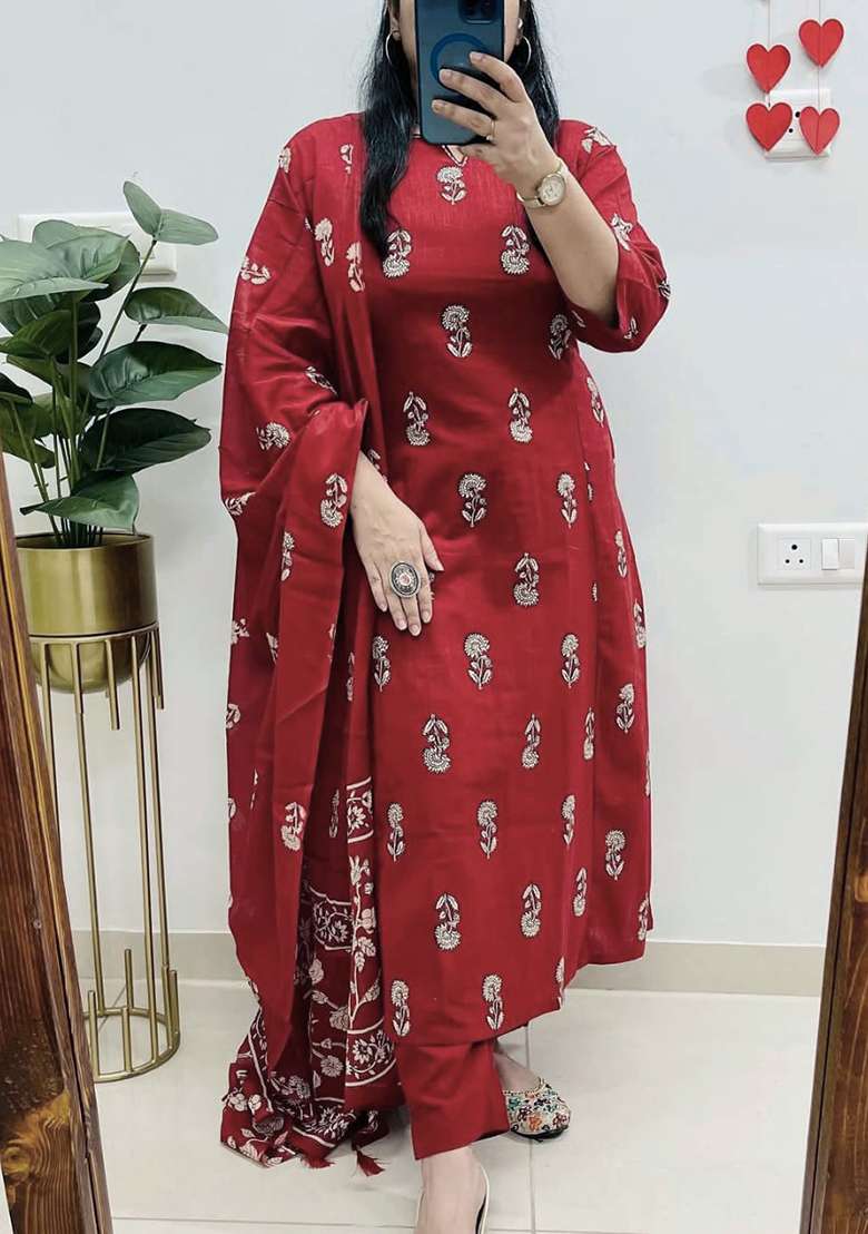 Red Printed Cotton Kurta Set - Indya