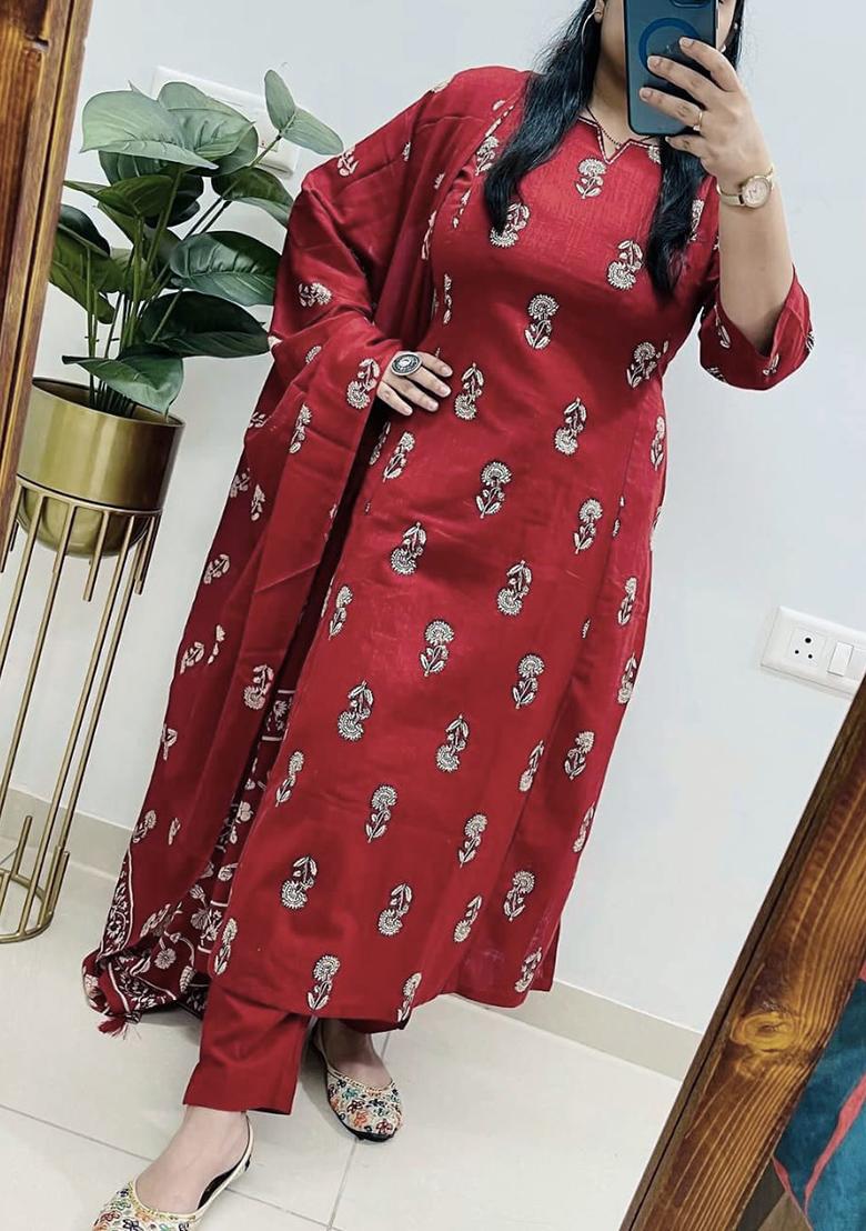 Red Printed Cotton Kurta Set - Indya