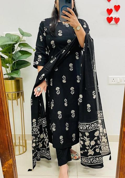 Red Printed Cotton Kurta Set