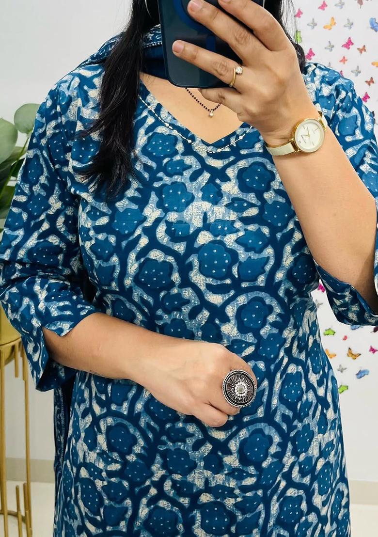 Blue Printed Cotton Kurta Set - Indya
