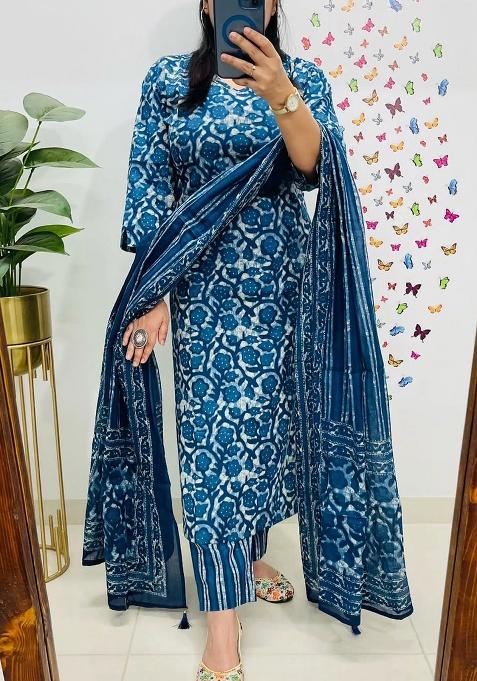 Blue Printed Cotton Kurta Set