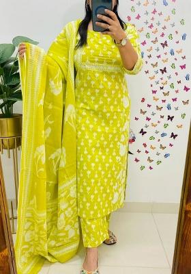 Yellow Printed Cotton Kurta Set
