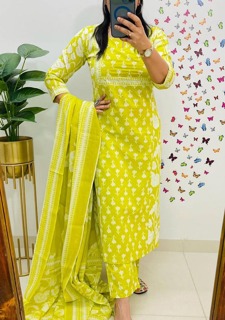 Yellow Printed Cotton Kurta Set - Indya