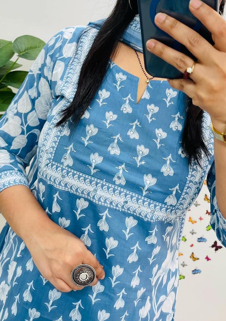 Yellow Printed Cotton Kurta Set - Indya