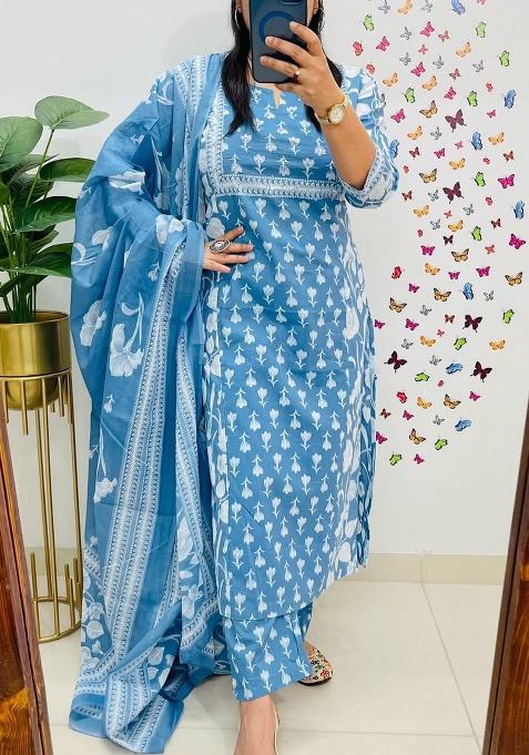 Blue Printed Cotton Kurta Set