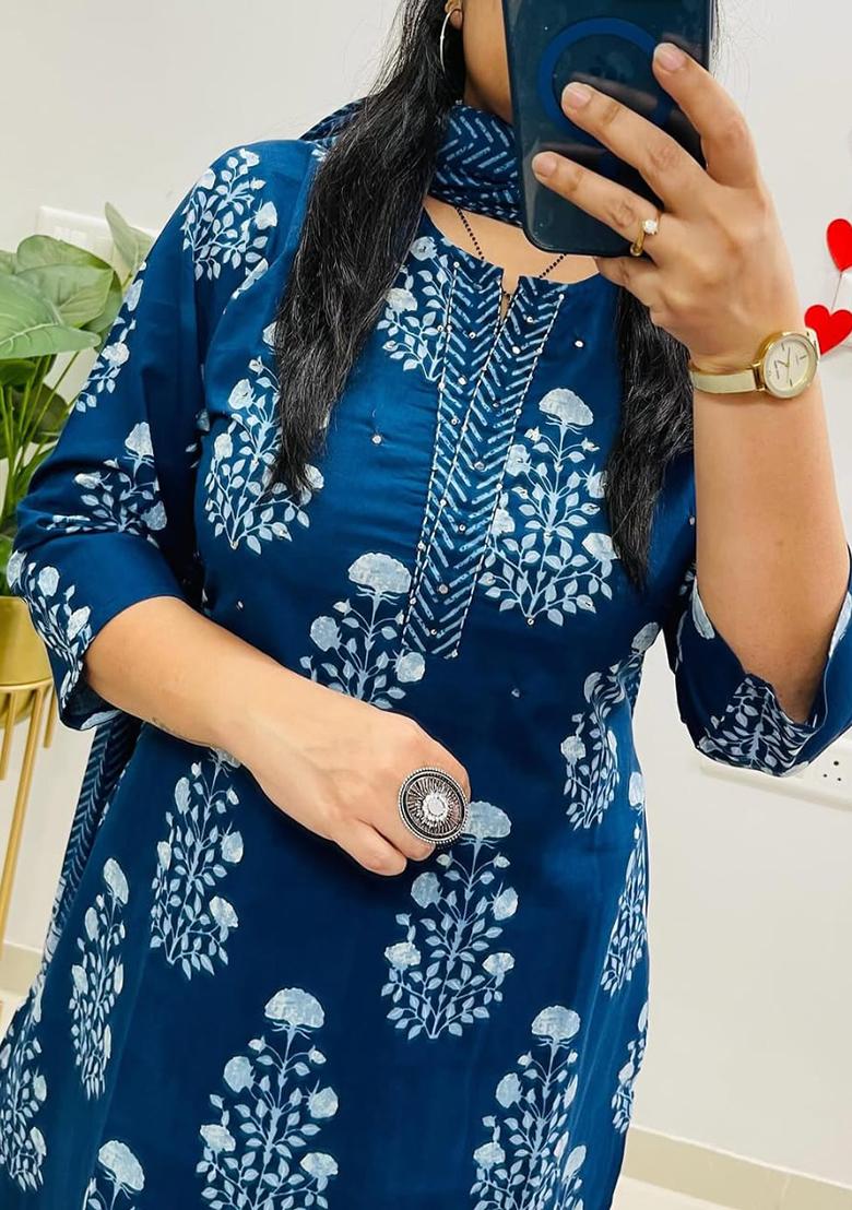 Yellow Printed Cotton Kurta Set - Indya