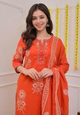 Orange Printed Cotton Kurta Set